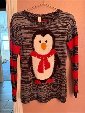Cozy Penguin Holiday Sweater in Gray and Red
